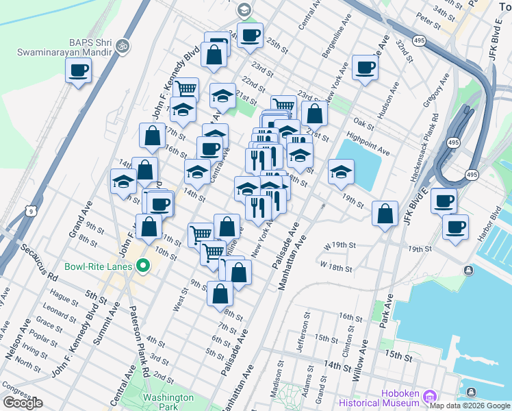 map of restaurants, bars, coffee shops, grocery stores, and more near 1610 Bergenline Avenue in Union City