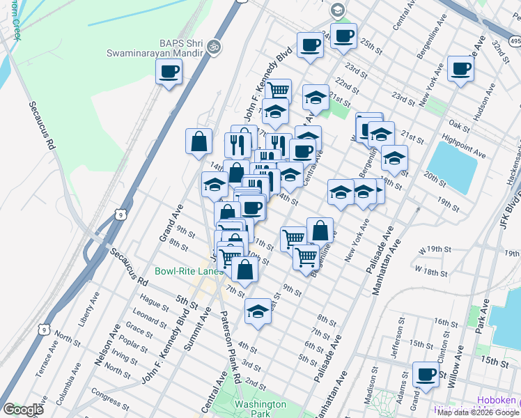 map of restaurants, bars, coffee shops, grocery stores, and more near 1311 Summit Avenue in Union City