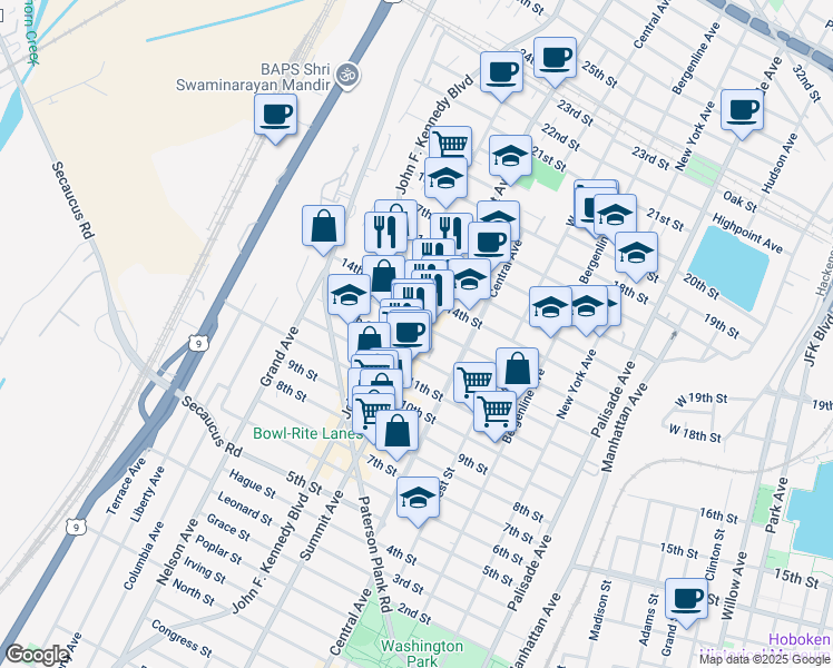 map of restaurants, bars, coffee shops, grocery stores, and more near 1311 Summit Avenue in Union City