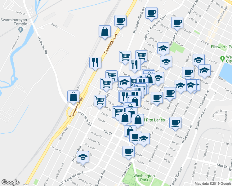map of restaurants, bars, coffee shops, grocery stores, and more near 1109 Grand Avenue in North Bergen