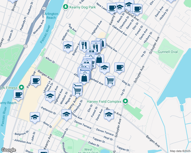 map of restaurants, bars, coffee shops, grocery stores, and more near 339 Kearny Avenue in Kearny