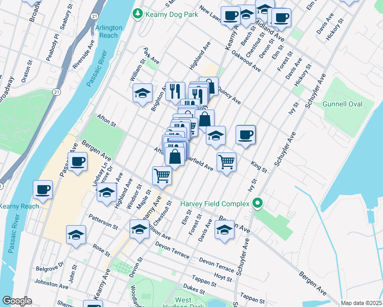 map of restaurants, bars, coffee shops, grocery stores, and more near 339 Kearny Avenue in Kearny