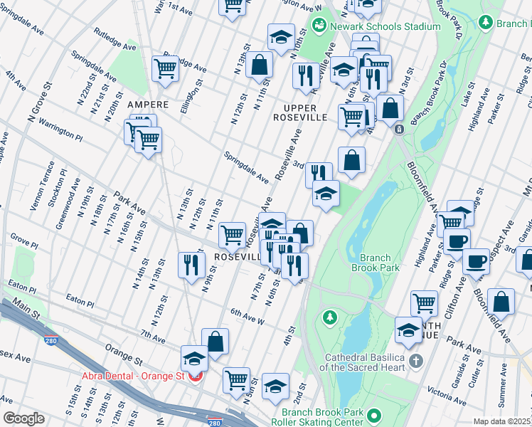 map of restaurants, bars, coffee shops, grocery stores, and more near 337-355 Roseville Avenue in Newark