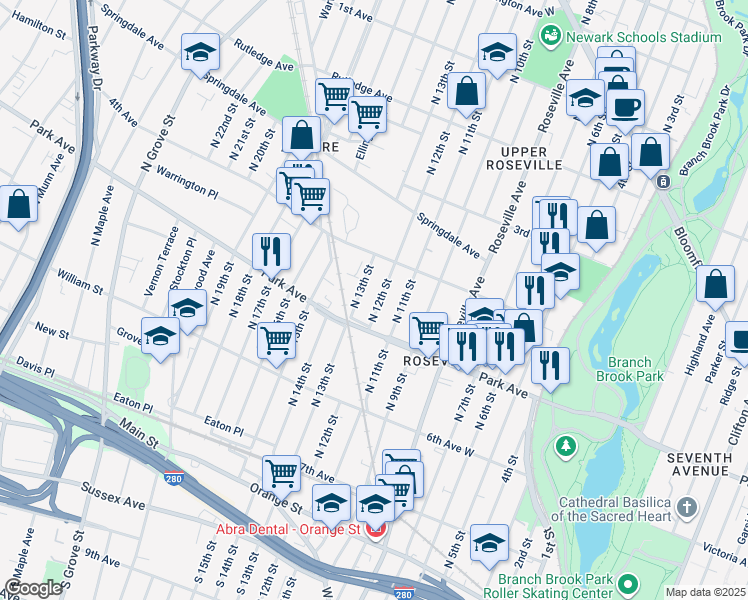 map of restaurants, bars, coffee shops, grocery stores, and more near 180 North 12th Street in Newark