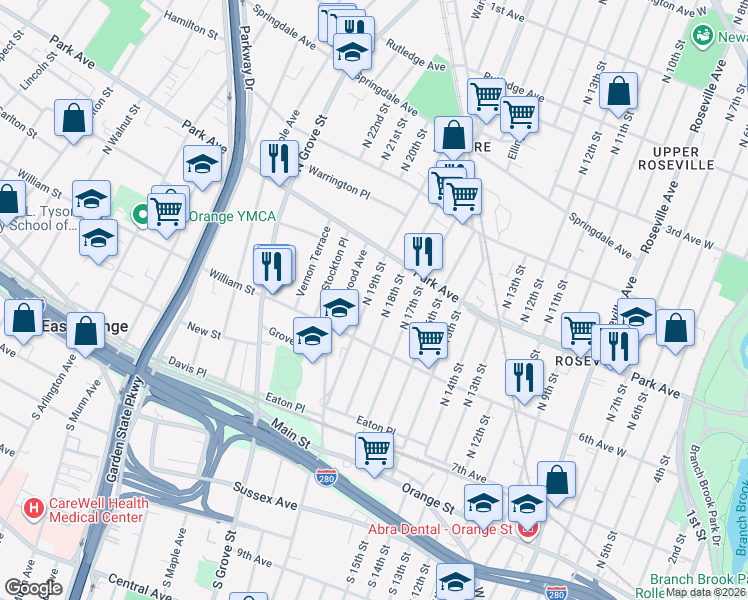 map of restaurants, bars, coffee shops, grocery stores, and more near 172 Greenwood Avenue in East Orange