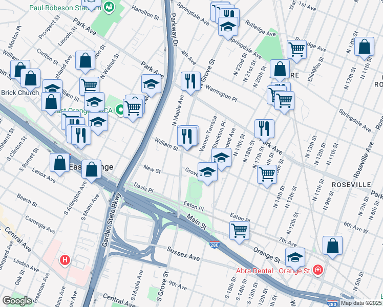 map of restaurants, bars, coffee shops, grocery stores, and more near 31 Vernon Terrace in East Orange