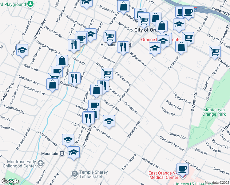 map of restaurants, bars, coffee shops, grocery stores, and more near 490 Hillside Avenue in City of Orange