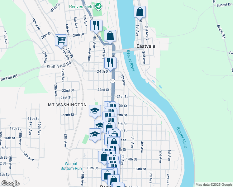 map of restaurants, bars, coffee shops, grocery stores, and more near 2208 7th Avenue in Beaver Falls