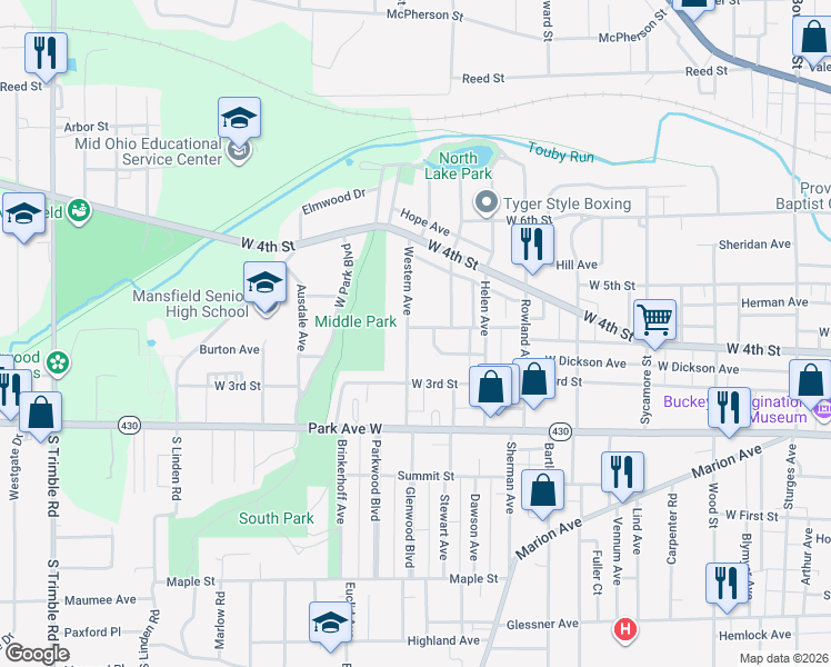map of restaurants, bars, coffee shops, grocery stores, and more near 134 Western Avenue in Mansfield