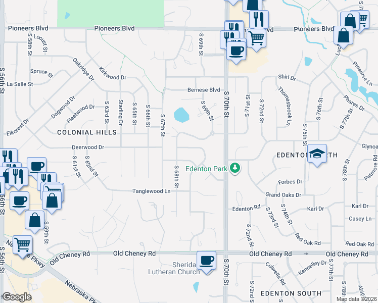 map of restaurants, bars, coffee shops, grocery stores, and more near 5112 Bison Drive in Lincoln