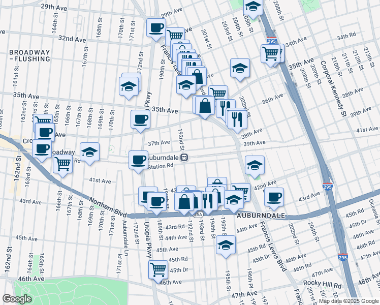 map of restaurants, bars, coffee shops, grocery stores, and more near 192-14 37th Avenue in Queens