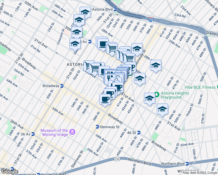 map of restaurants, bars, coffee shops, grocery stores, and more near 37-10 31st Avenue in Queens