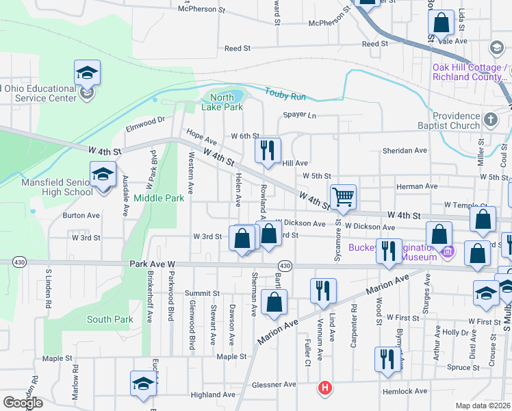 map of restaurants, bars, coffee shops, grocery stores, and more near 134 Helen Avenue in Mansfield