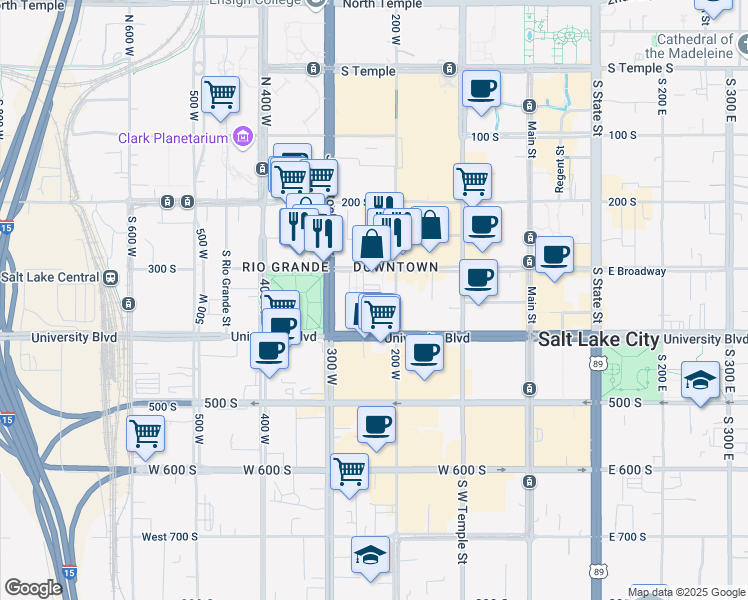 map of restaurants, bars, coffee shops, grocery stores, and more near 360 200 West in Salt Lake City