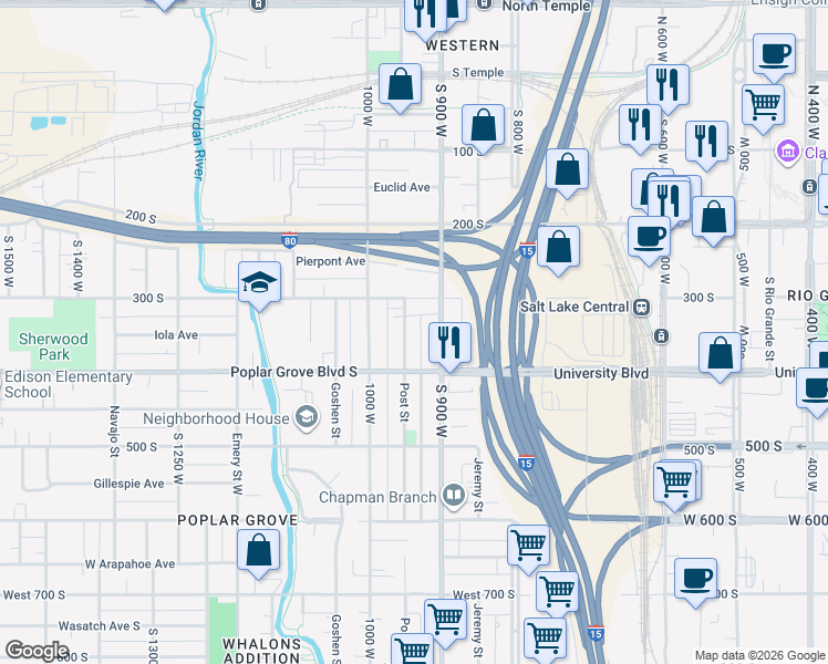 map of restaurants, bars, coffee shops, grocery stores, and more near 927 West 300 South in Salt Lake City