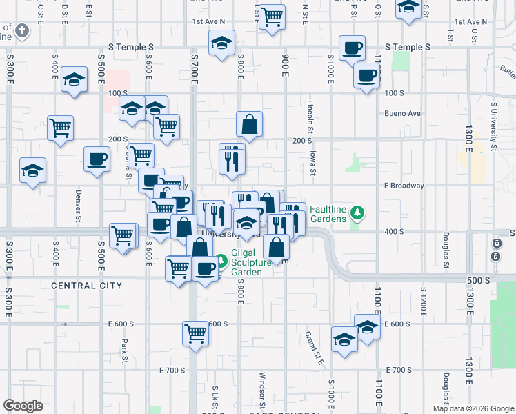 map of restaurants, bars, coffee shops, grocery stores, and more near 829 East 400 South in Salt Lake City