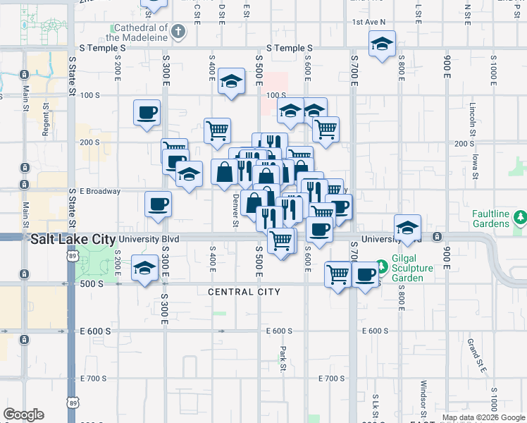 map of restaurants, bars, coffee shops, grocery stores, and more near 516 East 300 South in Salt Lake City