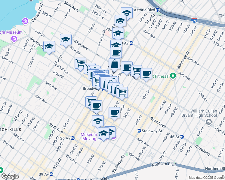 map of restaurants, bars, coffee shops, grocery stores, and more near 31-83 32nd Street in Queens