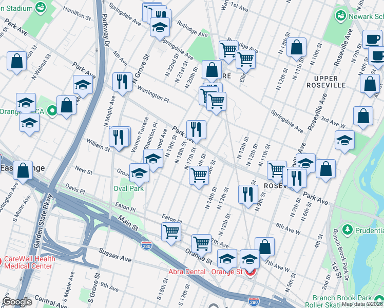 map of restaurants, bars, coffee shops, grocery stores, and more near 107 North 18th Street in East Orange