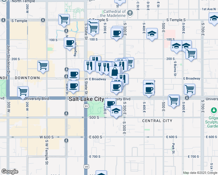 map of restaurants, bars, coffee shops, grocery stores, and more near 335 South 200 East in Salt Lake City