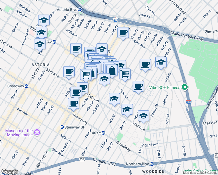 map of restaurants, bars, coffee shops, grocery stores, and more near 30-28 42nd Street in Queens