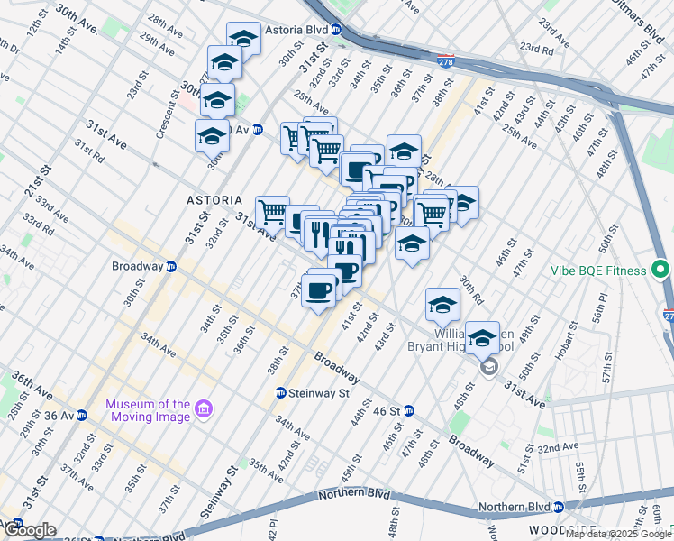 map of restaurants, bars, coffee shops, grocery stores, and more near 38-05 31st Avenue in Queens