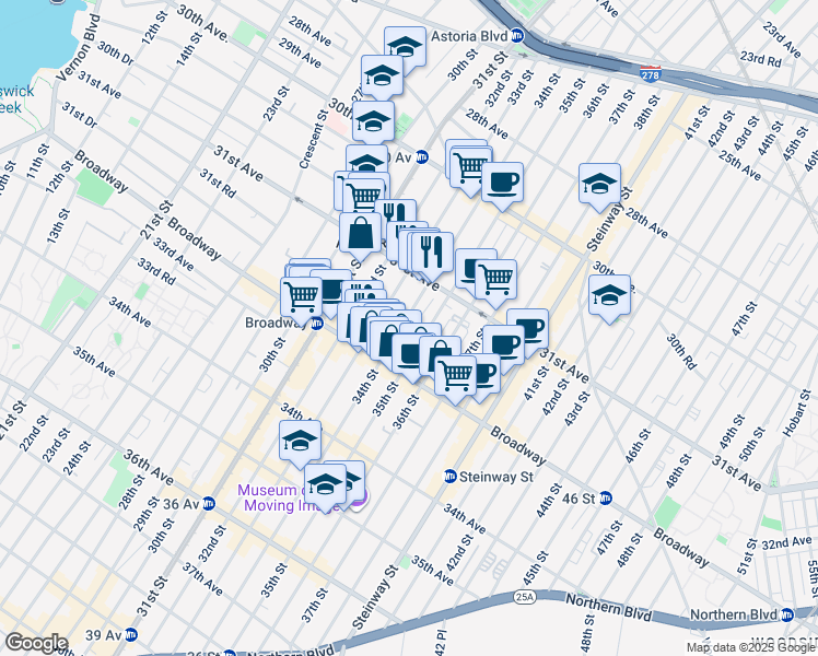 map of restaurants, bars, coffee shops, grocery stores, and more near 31-23 34th Street in Queens