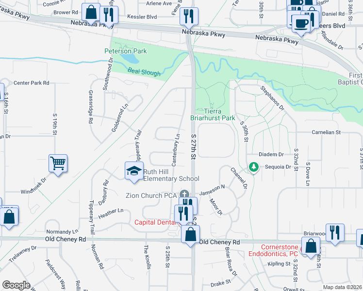 map of restaurants, bars, coffee shops, grocery stores, and more near 2540 Cheshire South in Lincoln