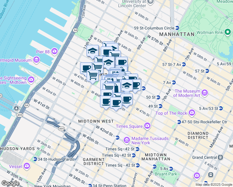 map of restaurants, bars, coffee shops, grocery stores, and more near 401-499 West 48th Street in New York