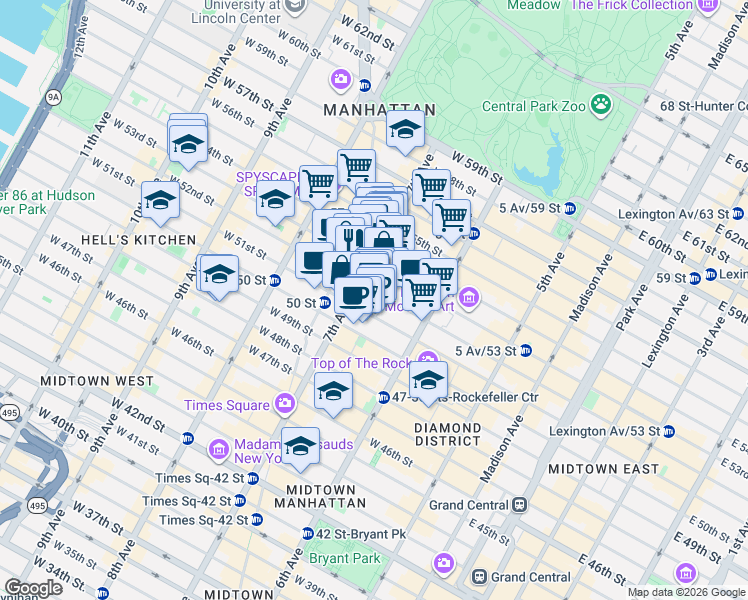 map of restaurants, bars, coffee shops, grocery stores, and more near 152 West 52nd Street in New York