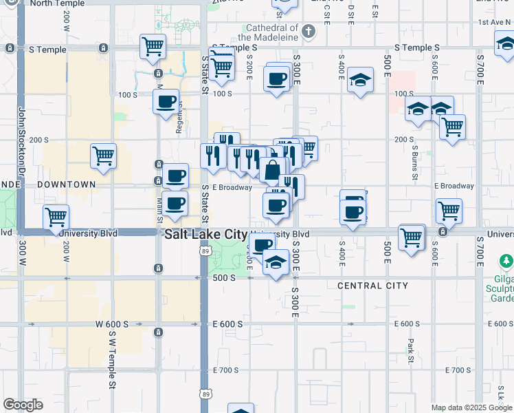 map of restaurants, bars, coffee shops, grocery stores, and more near 335 South 200 East in Salt Lake City