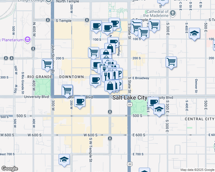 map of restaurants, bars, coffee shops, grocery stores, and more near 309 South Main Street in Salt Lake City