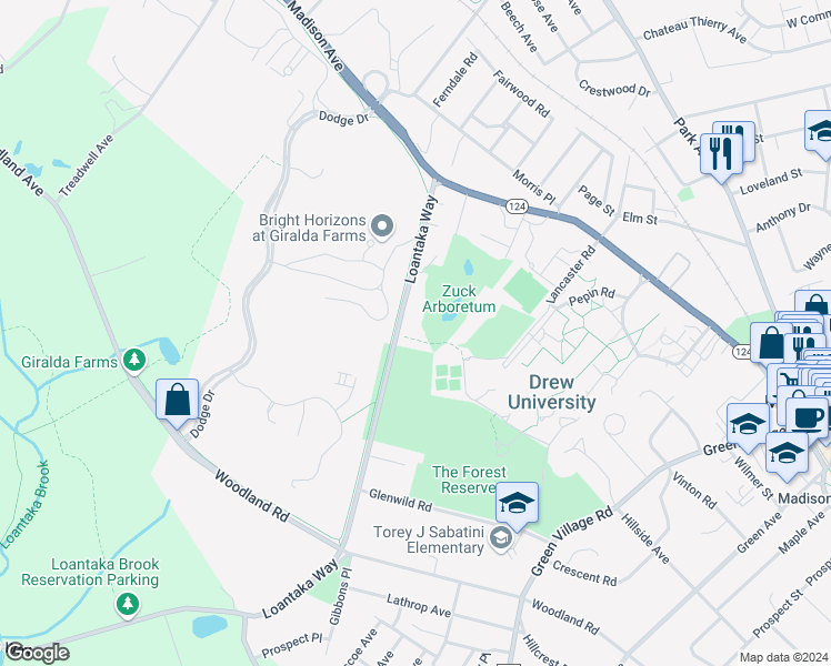 map of restaurants, bars, coffee shops, grocery stores, and more near 42 Loantaka Way in Madison