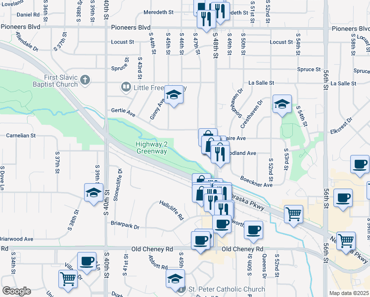 map of restaurants, bars, coffee shops, grocery stores, and more near 4631 Claire Avenue in Lincoln
