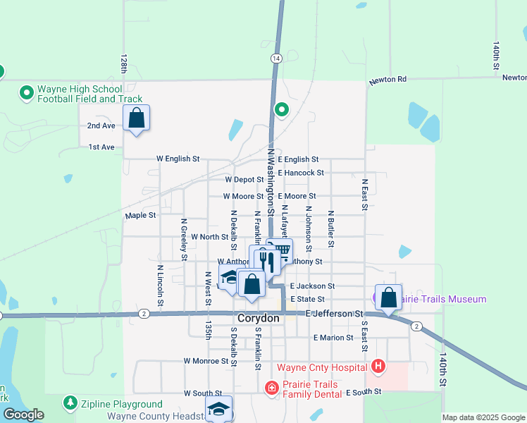 map of restaurants, bars, coffee shops, grocery stores, and more near 100-198 East Moore Street in Corydon