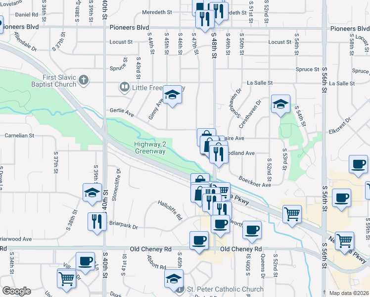map of restaurants, bars, coffee shops, grocery stores, and more near 4631 Claire Avenue in Lincoln