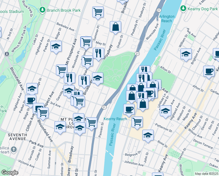 map of restaurants, bars, coffee shops, grocery stores, and more near 24 Harvey Street in Newark