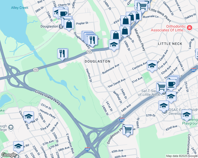 map of restaurants, bars, coffee shops, grocery stores, and more near 241-15 Rushmore Avenue in Queens