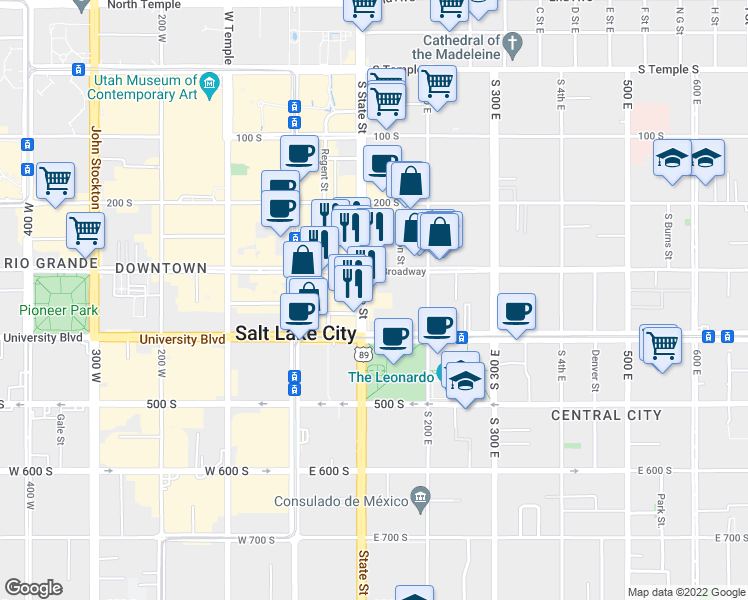 map of restaurants, bars, coffee shops, grocery stores, and more near 333 South State Street in Salt Lake City