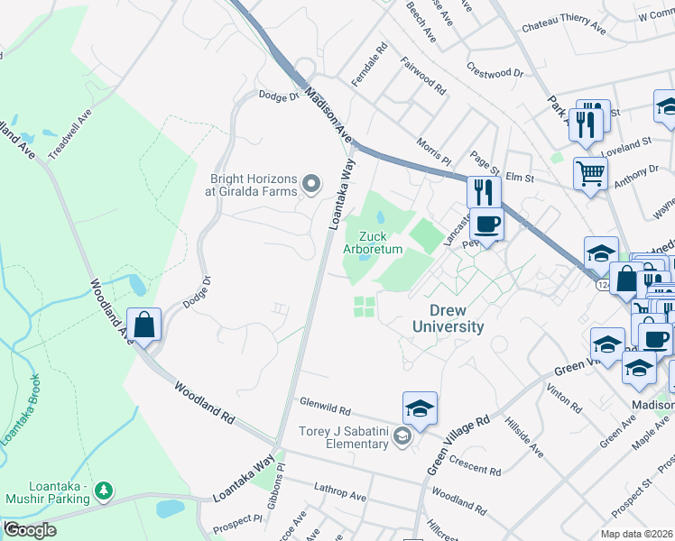 map of restaurants, bars, coffee shops, grocery stores, and more near 42 Loantaka Way in Madison