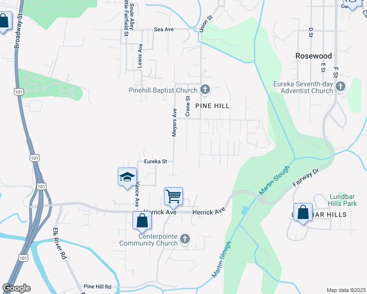 map of restaurants, bars, coffee shops, grocery stores, and more near 4901 Meyers Avenue in Eureka