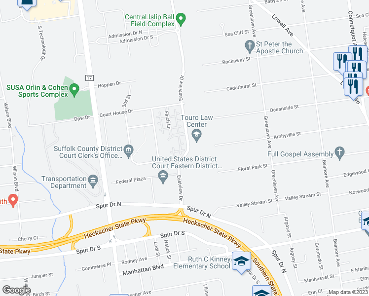 map of restaurants, bars, coffee shops, grocery stores, and more near 224 Saxton Court in Central Islip