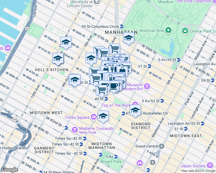 map of restaurants, bars, coffee shops, grocery stores, and more near 1650 Broadway in New York