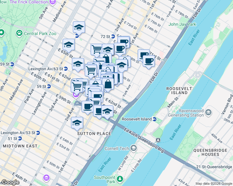 map of restaurants, bars, coffee shops, grocery stores, and more near 403 East 64th Street in New York