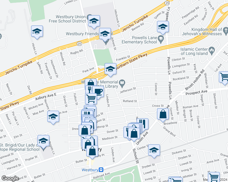 map of restaurants, bars, coffee shops, grocery stores, and more near 373 School Street in Westbury