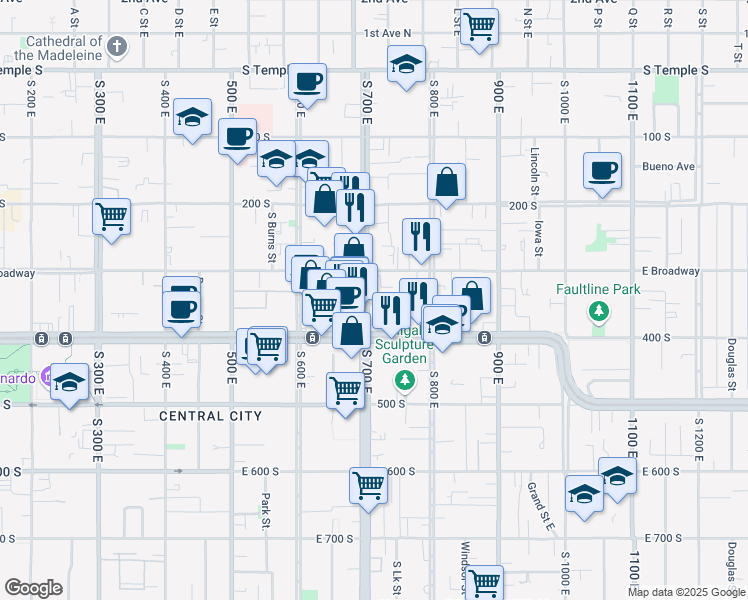 map of restaurants, bars, coffee shops, grocery stores, and more near 335 700 East in Salt Lake City