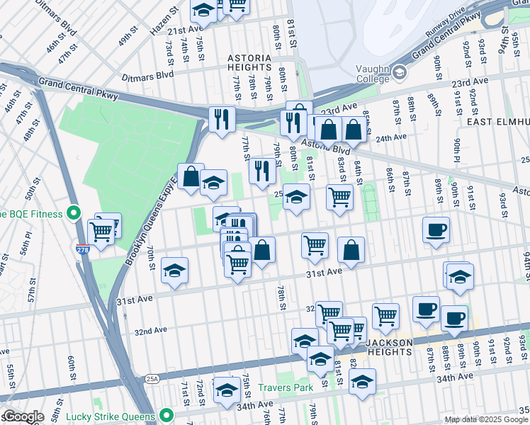 map of restaurants, bars, coffee shops, grocery stores, and more near 78-02 25th Avenue in Queens