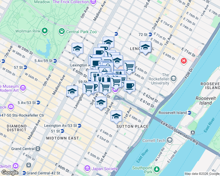 map of restaurants, bars, coffee shops, grocery stores, and more near 210A East 61st Street in New York