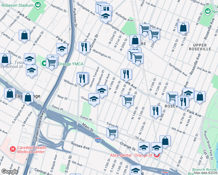 map of restaurants, bars, coffee shops, grocery stores, and more near 172 Greenwood Avenue in East Orange