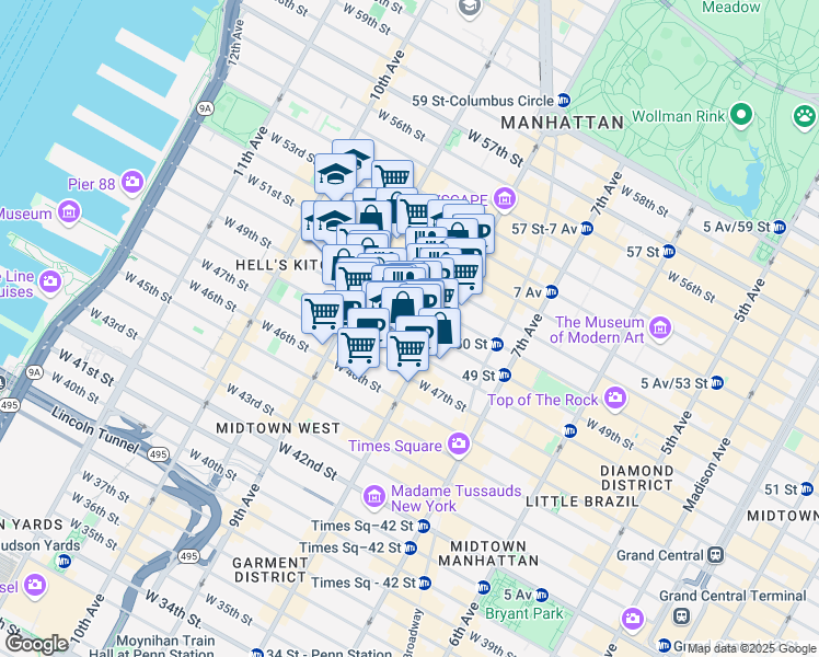 map of restaurants, bars, coffee shops, grocery stores, and more near 310 West 49th Street in New York